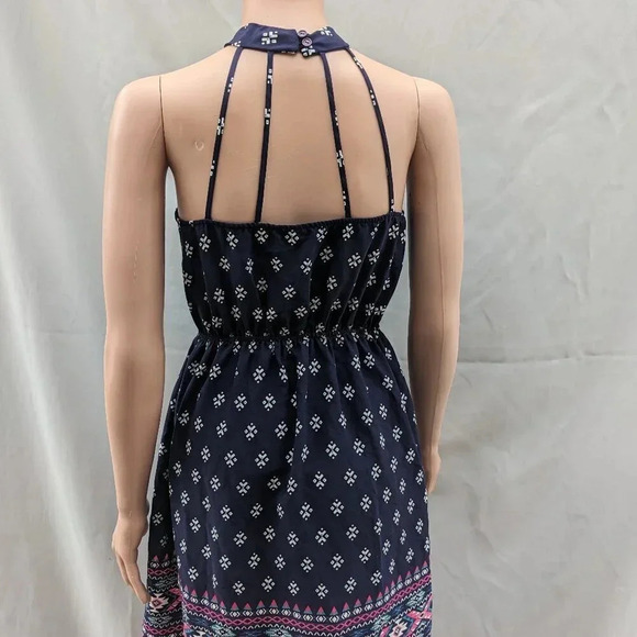 AQUA BORDER PRINT HANDKERCHIEF DRESS Small Navy Blue Halter Neck - Picture 7 of 12